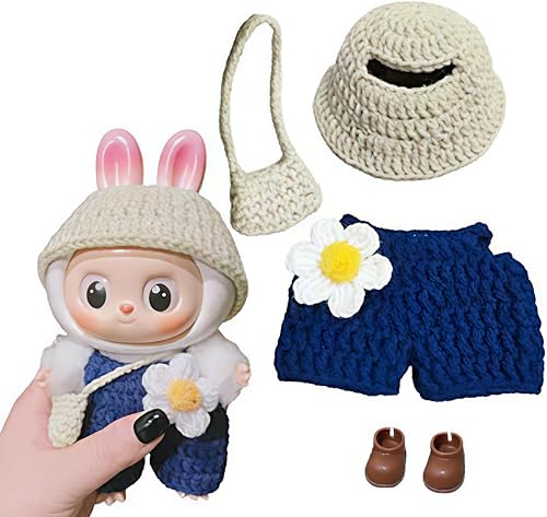 GARBODIY 4pcs Handmade Crochet Outfit Set | 17cm Vinyl Collectible Accessories - Straw Hat, Blue Overalls with Daisy, Shoes & Mini Bag | Art Toy Dress-Up Kit
