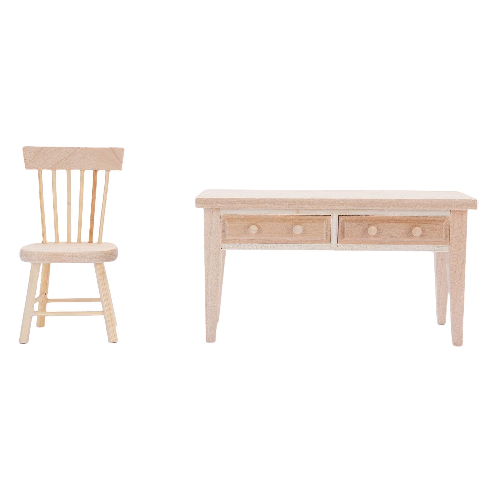 Muiltvoe Dollhouse Miniature Furniture, 1:12 Scale Miniature Desk and Chair Set Wooden Model Table Toys with Oak Material, for Dollhouse Room Decor