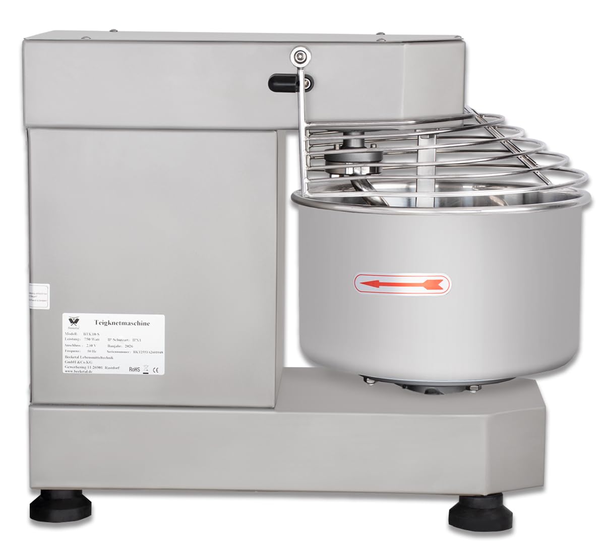 Beeketal Profi Teigknetmaschine BTK10-S – 10L Edelstahl Spiralkneter, 750W Tischgerät mit Geschwindigkeitsregulierung für max. 4kg Mehl, Gastro Teigmaschine für Pizza, Brot & Kuchen, 230V