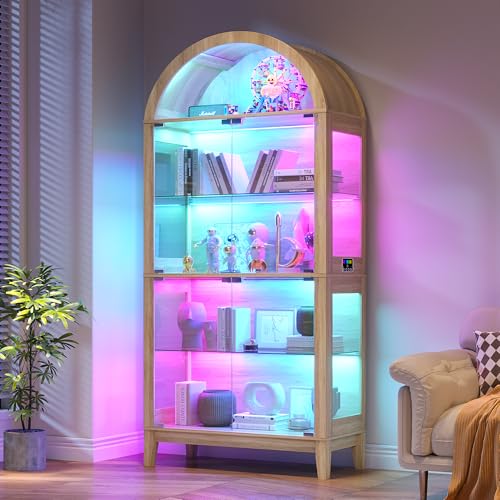 HNEBC Arched Display Case with RGB Lights, 69" Tall 5-Tier Tempered Glass Display Cabinet with Doors, LED Curio Cabinet with Shelf, Bookcase with Music-Synced Lighting for Living Room (Black