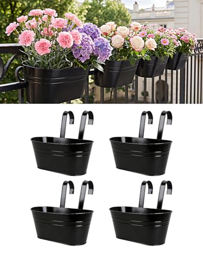 4 Pcs Iron Hanging Flower Pots Large Metal Iron Hanging Plant Pots for Railing with Detachable Hook Hanging Flower Bucket Indoor/Outdoor Fence Hanging Planters for Balcony Garden Home Decor Black