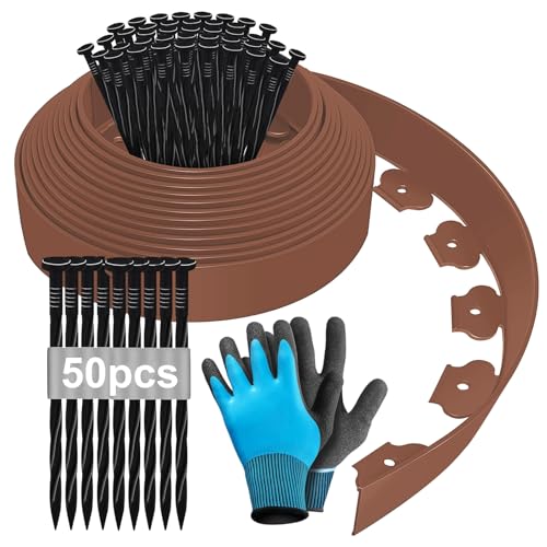 Vallas Borde Jardin Exterior Flexible de 10mx5cm, Bordura Jardin Exterior, con 50 Uñas y Guantes, Borde de Jardín de Plástico, Valla Jardin, Bordes de Valla de Jardín, Borde de Corte - Marrón
