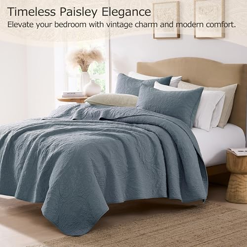 Image of PALASSIO Dusty Blue Paisley 100% Cotton Quilt King Size Bedding Sets with 2 Pillow Shams, Boho Floral Lightweight Farmhouse Country Vintage Soft Bedspread Shabby Chic Coverlet for All Season, 3 Pieces