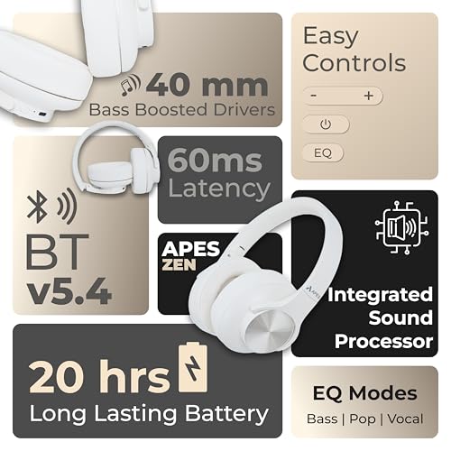 Image of APES Zen Wireless Headphone, 40 mm Dynamic Drivers, 20 Hrs Playtime, V5.4 Bluetooth Headphone, Soft Padded Earcups (White)