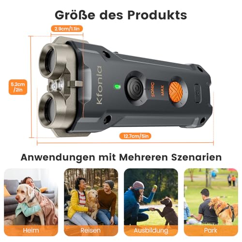 Kfonla Antibell für Hunde,Anti Bell Halsband für Hunde mit Taschenlampe,Aufladbares Anti Bell Gerät Hunde, Geeignet für Verschiedene Hundearten,Antibell Ultraschall Gerät für Innen-und Außenbereiche