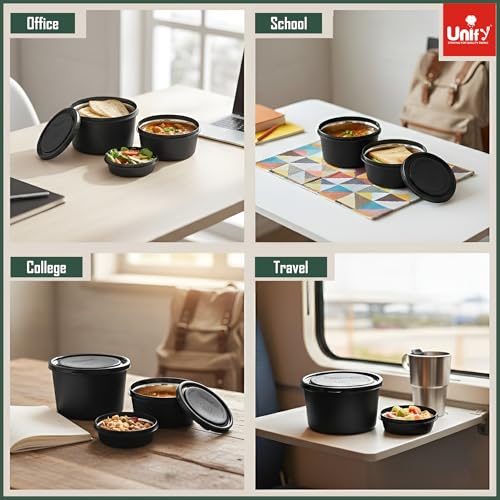 Image of Unify 3 Pieces Stainless Steel Lunch Box | Microwave Safe Leak-Proof Food Storage Containers with Lids for Office, School, Kitchen (Black, Capacity - 600ml, 400ml, 250ml)