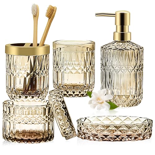 5 Stück Gold Glas Badezimmer Zubehör Set, Glas Badezimmer Accessoires Set von…