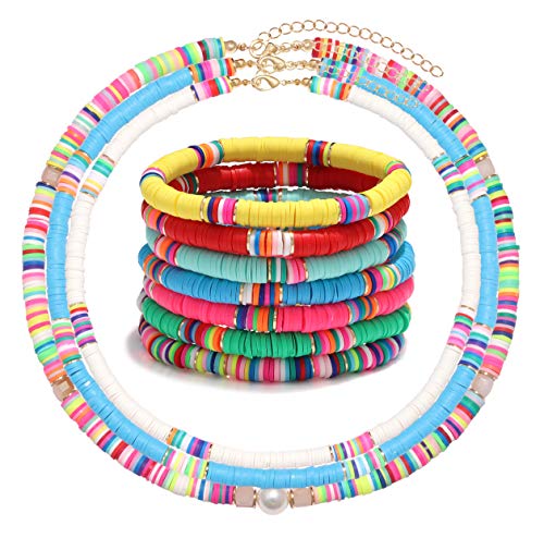 Surfer Necklace Bracelet For Women - Heishi Beaded Necklaces Colorful Stretch Bracelet Stack Jewelry Set For Girls 10 Pcs #TOP16