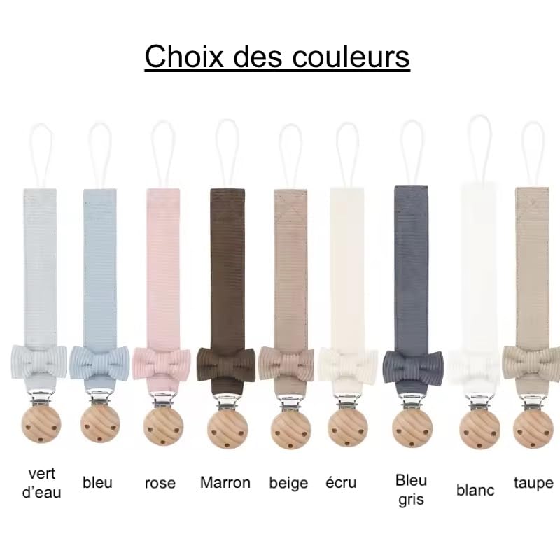 attache tétine personnalisé prénom fille garçon- en velours avec noeud -attache en bois- 9 couleurs de tissu au choix- cadeau naissance personnalisé
