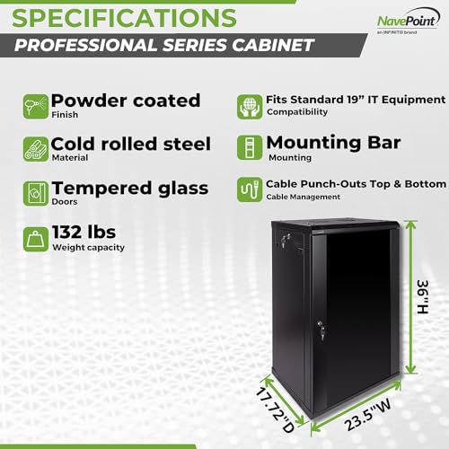 Image of NavePoint 18U Server Rack Enclosure - 17.7 inch Deep, Wall Mount Network Cabinet with Locking Glass Door for 19 inch IT Equipment, Network Rack with 2 Fans, Removable Side Panels, Black