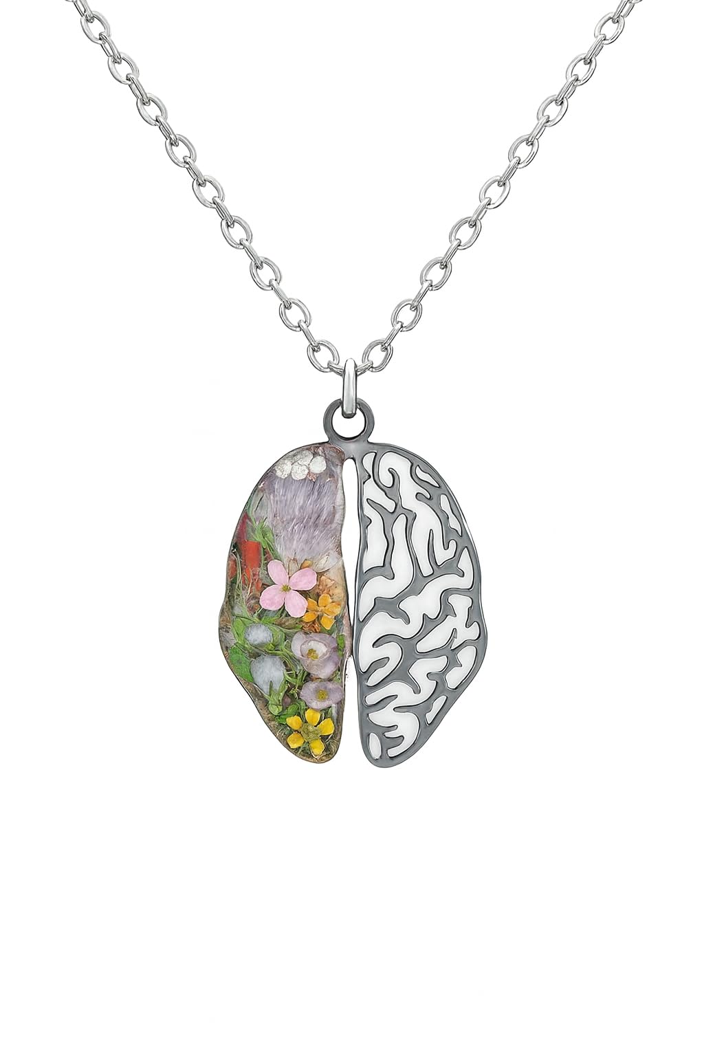 Generico BeFloral Collana Donna Acciaio Inossidabile Argento, Ciondolo Cervello con Fiori Veri in Resina (Botanico + Traforato), Idea Regalo Psicologa/Medico/Laurea