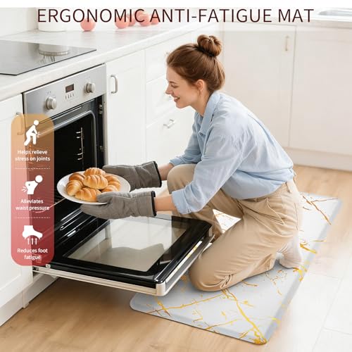 UKISS marbling Kitchen Rugs, Cushioned Kitchen Mats, Anti Fatigue Mat for Floor, Waterproof Kitchen Rug，Non-Slip Comfort Standing Mat for Kitchen&Office (White, 17.3 x 28 inches+17.3 x 47inches) — view 4