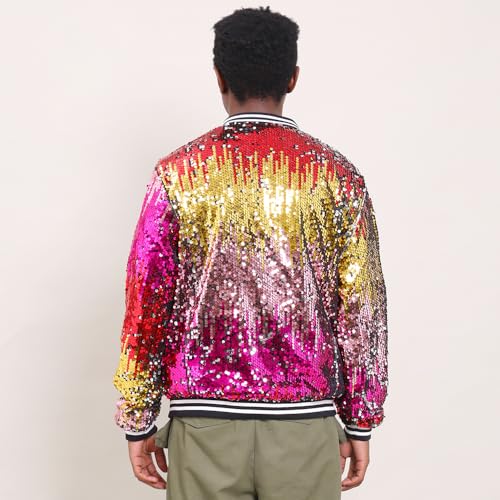 Image of YIYI Mens Sequin Jacket Bomber Sparkly Striped Varsity Glitter Jacket Male Party Outwear Coat Birthday Holiday Clothes