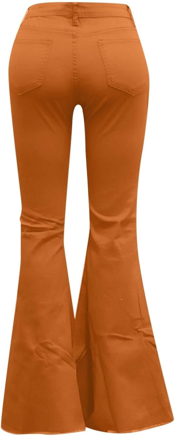 Women's Orange Stretch Ripped Flare Jeans High Waisted Distressed Bell Bottoms Trendy Y2K Frayed Hem Denim Pants - Image 7