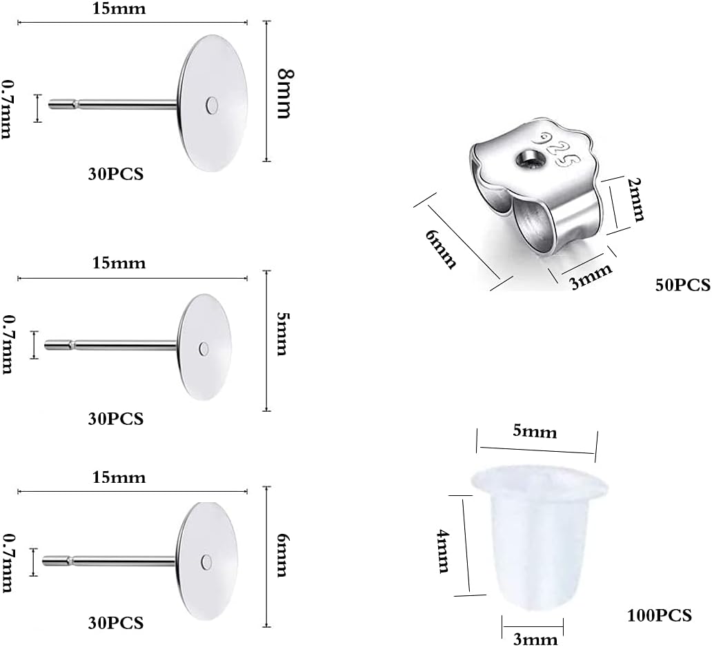 190 PCS Hypoallergenic 925 Sterling Silver Plated Earrings Posts Flat Pad Blank Earrings Pin Studs with 925 Sterling Silver Earring Backs for DIY Jewelry Making Findings(5mm 6mm 8mm)