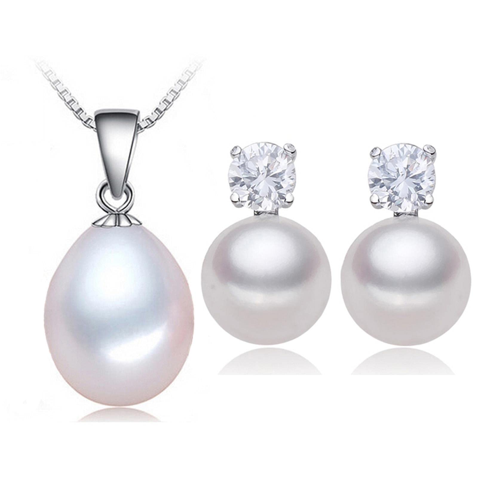 925 Sterling Silver Jewelry Natural Freshwater Pearl Set Pendant Stud Earrings Choker Necklace For Women
