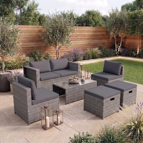 Image of Garden Vida Islay 6 Seater Rattan Seating Set | Grey | Fully Assembled | Complete Outdoor Patio Garden Furniture Set | Steel Frame & PE Wicker | UKFR Certified | Weather Resistant, Tempered Glass