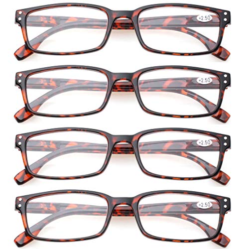 Image of Kerecsen 4 Pack Reading Glasses for Men and Women with Spring Hinges, Lightweight Black Rectangular Readers Eyeglasses (4 Pack Tortoise, 2.00)