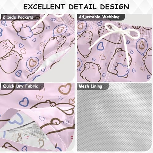 Cute Capybara with Hearts Pink Boys Swim Trunks Boys Beach Board Shorts Quick Dry Bathing Suit3