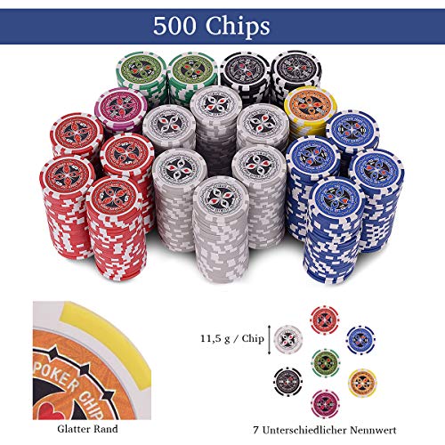 COSTWAY 500 Laser-Chips Pokerset, Poker Komplett Set mit Chips, 2 Spielkarten, 5 Würfel, 3 Händler-Chips und Tischtuch, Kasino Pokerkoffer Aluminium mit 2 Schlüsseln (Silber) – Bild 5