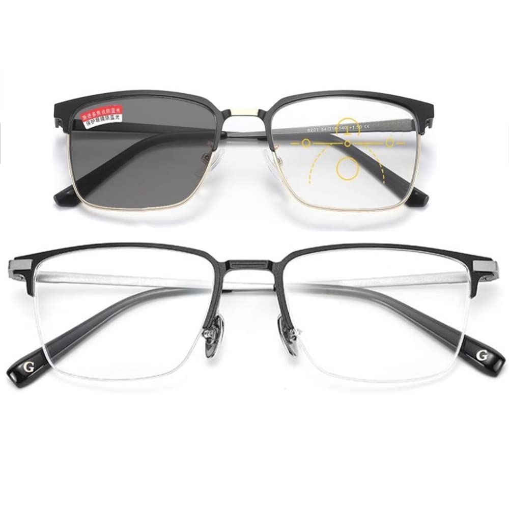 Fotocrómico Rectangular Gafas De Lectura，Progresivas Multifoco Gafas De Leer，Media Caja Gafas De Lectura Hombres 1.5 (Color : Black Silver, Size : +2.0)
