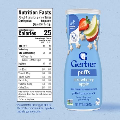 gerber stage 3 baby snacks strawberry apple puffs puffed grain snack baby led feeding iron amp choline strawberry apple puffs snacks 6-pack