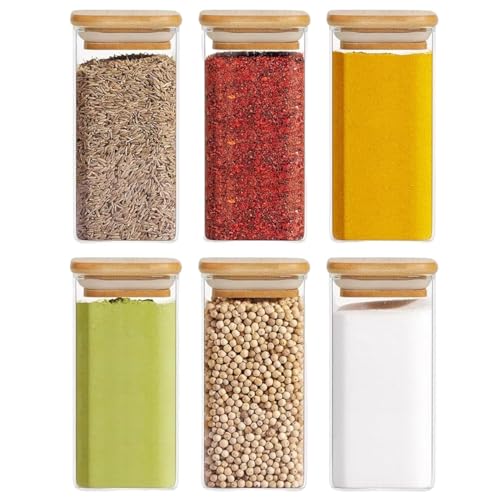 Image of Square Borosilicate Glass Jars with Silcone Seal Airtight Bamboo Lids 330 ml Tea Clear Kitchen Storage Jar with Bamboo Kitchen Canister Set Of 12(12, SQUARE BAMBOO LID GLASS JAR 330 ml -)