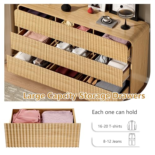 Image of Wodeer Oak Dresser Fluted 9 Drawers Dresser for Bedroom, 59 inch Wide Wood Chest of Drawers with Hidden Handles & Rounded Corners, Modern TV Stand Storage Cabinet for Living Room, Hallway, Entryway