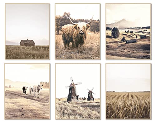 Image of MINI ZOZI Highland Cow Wall Art 8X10 6PCS Western Wall Decor Canvas Farmhouse Country Rustic Art Print Room Pictures Bull Longhorn Cattle Bedroom Bathroom Nursery Teen Boys Girls Posters Set Home