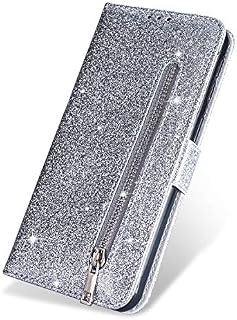 ZCDAYE Case for iPhone 11,Bling Glitter Sparkly Zipper PU Leather Magnetic Flip Folio Card Pockets Holder with Wrist Strap Stand Protective Case Cover for iPhone 11 6.1"(2019)-Silver