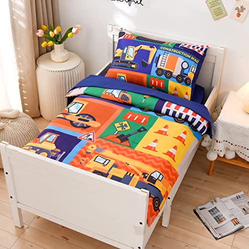 Ntbed 4 Pieces Patchwork Construction Toddler Bedding Set For Baby Boys, Truck Vehicles Excavator Cars Printed, Includes Comforter, Flat Sheet, Fitted Sheet And Pillowcase,Multi #TOP1