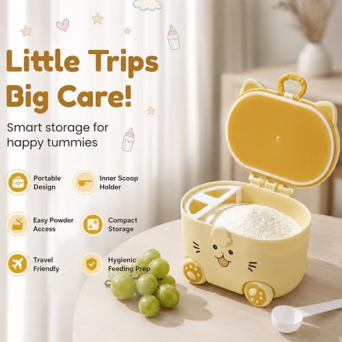 Image of Uonibaby by StarAndDaisy formula milk container for baby milk powder container with scoop , portable Formula Dispense, Airtight First Feed Baby food Storage container / Box for travel 200 grams- Kitty Yellow