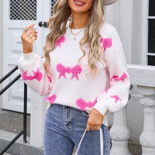 Image of Women Cute Bow Knit Sweater Y2k Long Sleeve Crew Neck Knitted Pullover Top Oversized Going Out Fall Winter Knitwear