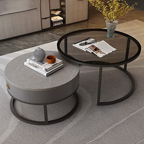 Juego de 2 mesas de centro redondas modernas con tapa de vidrio y cajón de almacenamiento, marco de metal, mesa central para sala de estar, elegante mesa de té de escritorio de pizarra para