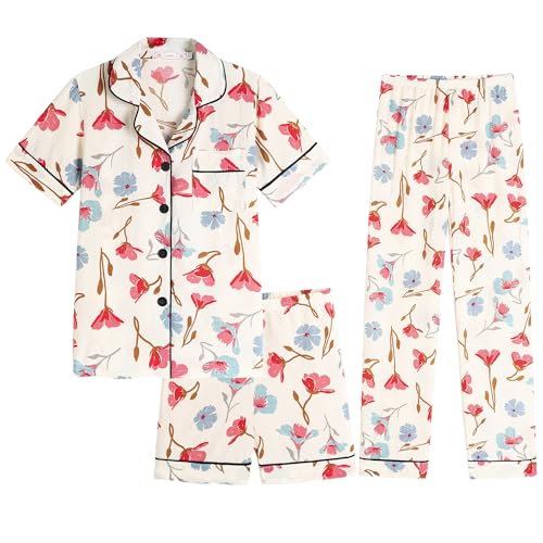 Image of Hupohoi Big Girls Button Down Pajama Set 3pcs Short Sleeve Long Pants with Shorts Crepe Wrinkled Fabric Sleepwear Nighty