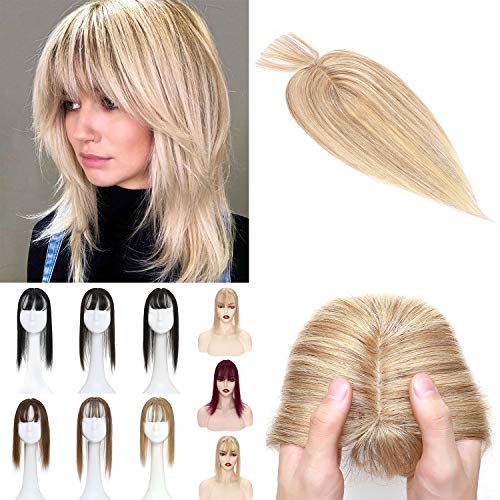 S-noilite 12" Balayage Clip in Top Hairpieces with Wispy Bangs Silk Base 100% Real Human Hair Crown Toppers with Fringe For Women with Thinning Hair/Hair Loss 40g #12/613 Golden Brown/Bleach Blonde
