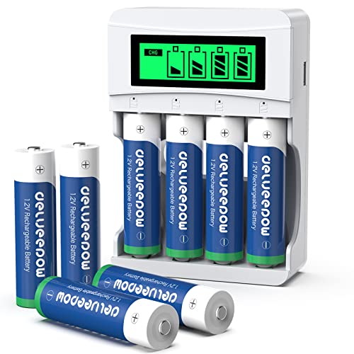 Delyeepow Pilas Recargables AA con Cargador, 8 Piezas Pilas Recargables AA 3300mAh de Alta Capacidad...