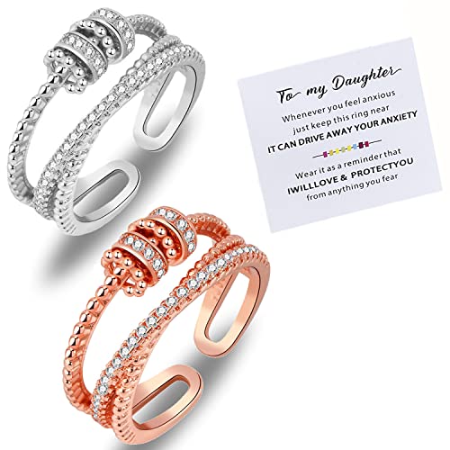Skyfun 2 Pcs Anxiety Ring Set To My Daughter Anxiety Ring Anxiety Girls Ring With Colorful Beads Spinner Adjustable Anxiety Jewelry Gift For Daughter Stainless Steel Anxiety Ring For Daughter With Box And Card Valentine's Day Gifts Sliver&Rose Gold #TOP8