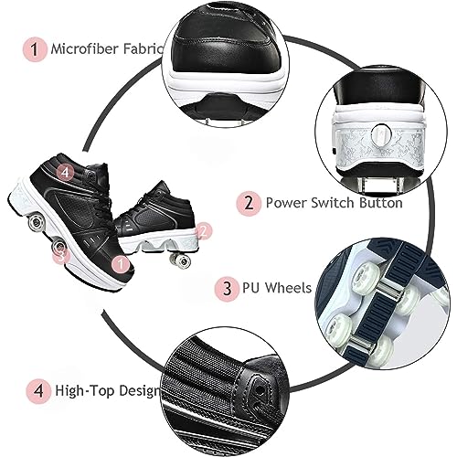 Image of Automatic Shoes Double-Row Deform Wheel Skate for Walking and Skating Invisible Deformation Roller Parkour Retractable Children's Shoes That Turn Into Rollerskates (36, LED Black)