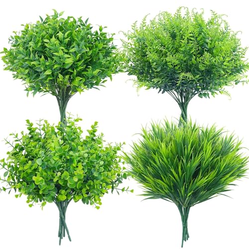 Image of Fake Outdoor Greenery Fake Green Plant Plastic Faux Greenery Stems 24PCS | UV Resistant Mixed Fern Boxwood Monkey Grass for Outdoor Planter Window Box Kitchen Home Decor Indoor