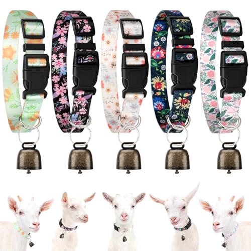 Image of 5 Pack Goat Collars with Bells, Horse Sheep Grazing Copper Bells and Adjustable Nylon Collar Set Pet Anti-Lost Loud Bronze Bell for Small Farm Animal Sheep Goat Cow Accessories(Floral)
