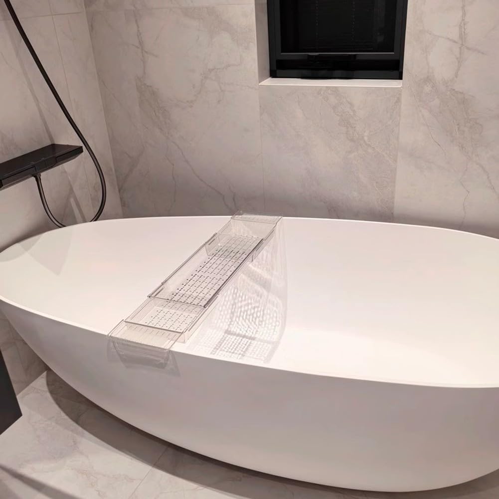 Bandeja extensible para bañera con soporte para copas de vino y libro, estante de baño transparente para relajación de spa, se adapta a bañeras de hasta 29.5 pulgadas de ancho, perfecta para remojar y