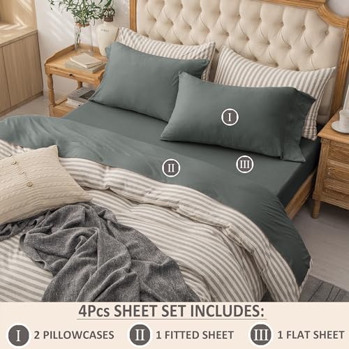 PURE ERA Jersey Knit 4pc Bed Sheet Set 100% T-Shirt Cotton Super Soft Comfy Breathable Fits Mattress Up to 20" Extra Deep Pocket (Solid Dark Greenish Gray, Queen)