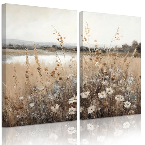 Wildflower Botanical Wall Art Decor Set of 2 Vintage Canvas Wall Decor Landscape Field Wall Art Pictures Farmhouse Prints Landscape Painting Vintage Artwork for Room Bedroom 12x16 Inch Ready to Hang