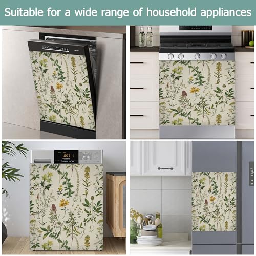 Image of Green Herb Leaves Dishwasher Covers for The Front Magnetic,Spring Wildflowers Refrigerator Magnets Decoration,Reusable Dishwasher Cover Panel for Home Kitchen Decor 23x26 Inch