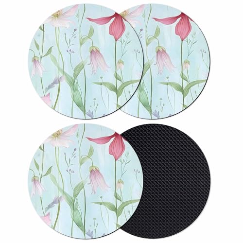 Coasters Set of 4, Blue Pink Green Floral Round Drink Coasters for Coffee Table Decor, Seasonal Botanical Blooms Absorbent Cup Coaster for Housewarming Gift/Home Décor, 4 Inches