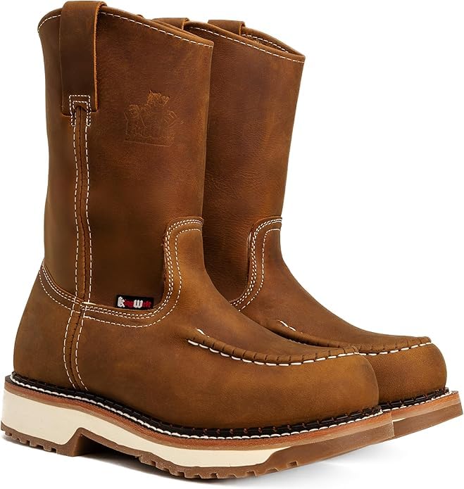 King Welt Lasso Work Boots for Men, 11" Double Density Sole Pull Up Moc Toe Slip Resistant Full Grain Leather - Tabacco2