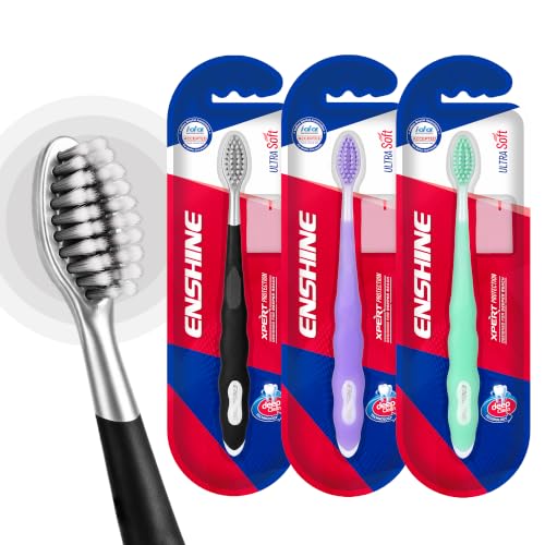 Image of Enshine Expert Protection Toothbrush for Adults - Pack of 3 | Double-Tapered Ultra Soft PBT Bristles | Premium Tooth Brush Set for Sensitive Gums | Deep Gum-Line Plaque Removal | Manual Toothbrush with Non-Slip Grip Multicolor