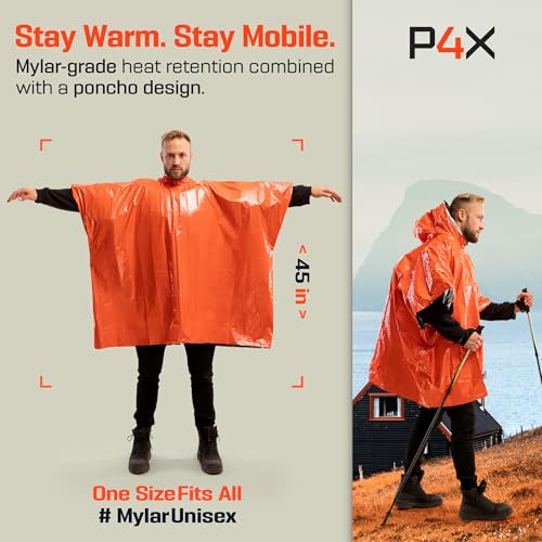 Image of PREPARED4X Emergency Mylar Poncho - Survival Rain Poncho with Hood - Lightweight, Compact, Reusable Emergency Blanket Poncho for Hiking, Camping, Thermal Gear, Car Kit, Outdoors