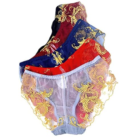 ZooChest Pack of Knickers Lace Panties Women Lace Thongs Low Waist Panties Translucent Flower Embroidery Silk Lace G String Ladies Lace Underwear Chinese Style Womens Sexy Lace Knickers(One-Size) Cover